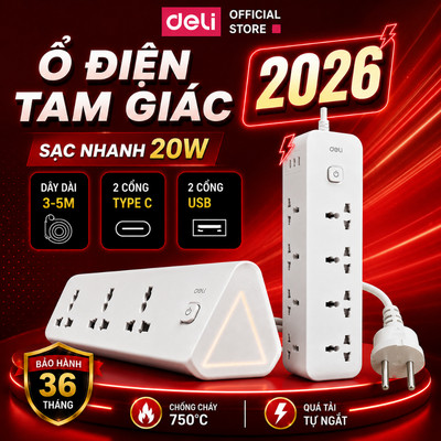 Ổ Điện Tam Giác Deli 2500W Ổ Cắm Điện Đa Năng Nhiều Lỗ Cắm Tích Hợp 2 USB + 2 Type C Đầu Sạc Nhanh 20W Dây 3m/5m