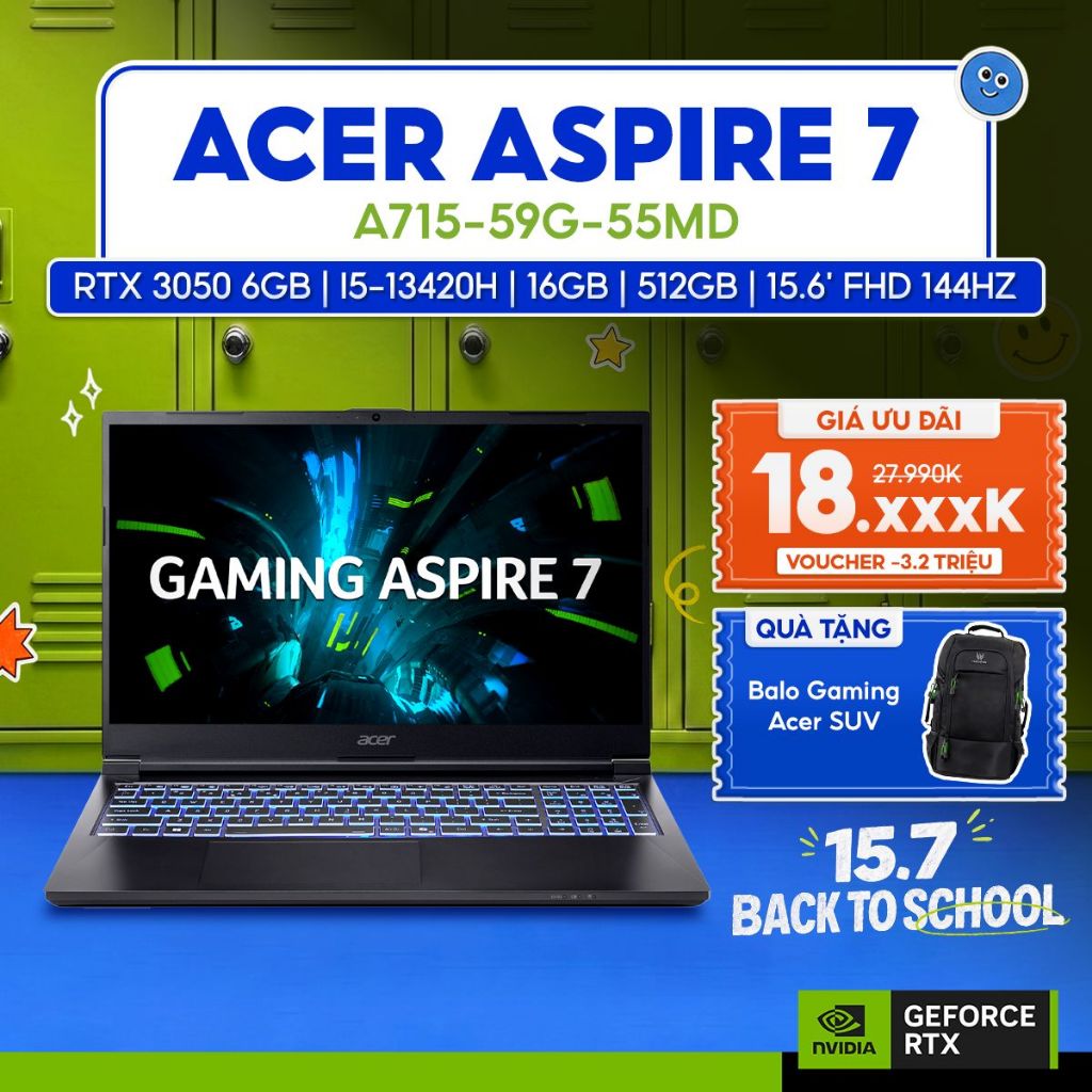 Laptop Gaming Acer Aspire 7 A715-59G-55MD Card đồ họa GeForce RTX™ 3050 6GB / Chip i5-13420H