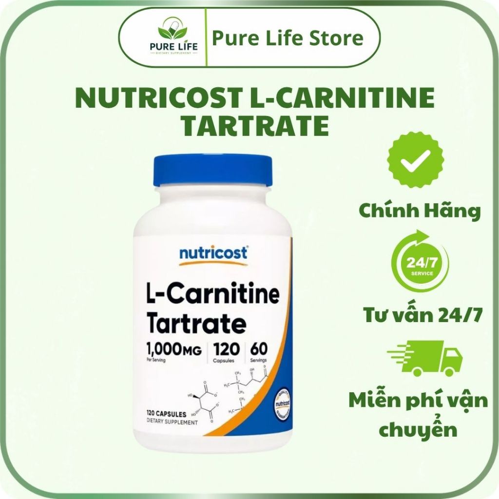 Nutricost L-Carnitine Tartrate 1000mg hỗ trợ chuyển hóa năng lượng, tăng cường luyện tập - Pure Life