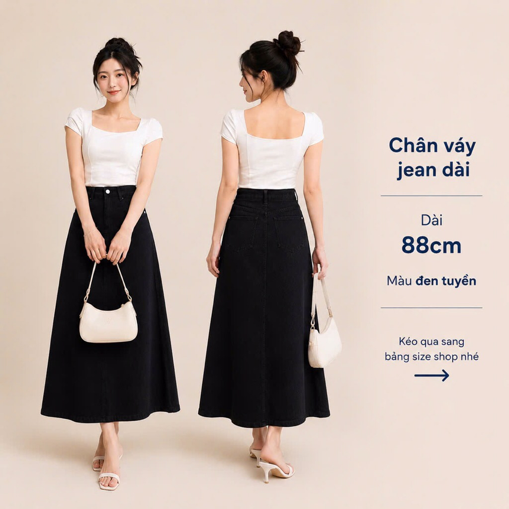 [VÁY DÀI 88CM] Chân Váy Jean Dáng Dài 88cm Màu Đen Tuyền Vải Mềm Mịn Lưng Cao Phù Hợp Mặc Đi Làm Đi 