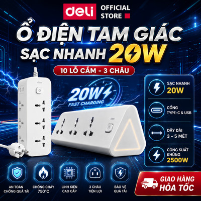 Ổ Cắm Điện Tam Giác Sạc Nhanh 20W Deli Ổ Điện Nhiều Lỗ Cắm 2500W Tích Hợp Đầu USB Type-C  Dây 3m/5m Độ Bền Cao Tiện Dụng
