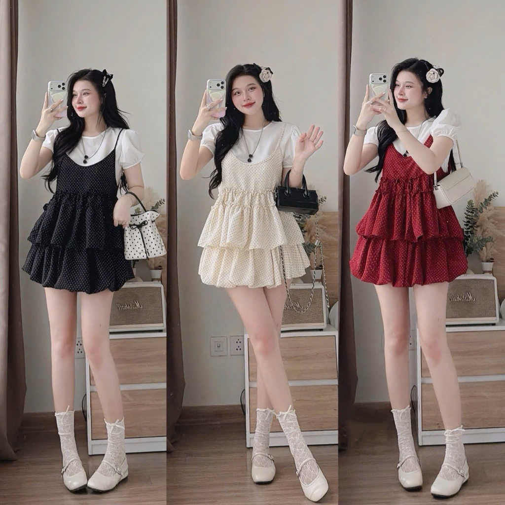 Đầm váy ngắn - Set đầm yếm tiểu thư đáng iu cho nàng hẹn hò, áo trắng cotton hàn + yếm tầng xòe chấm