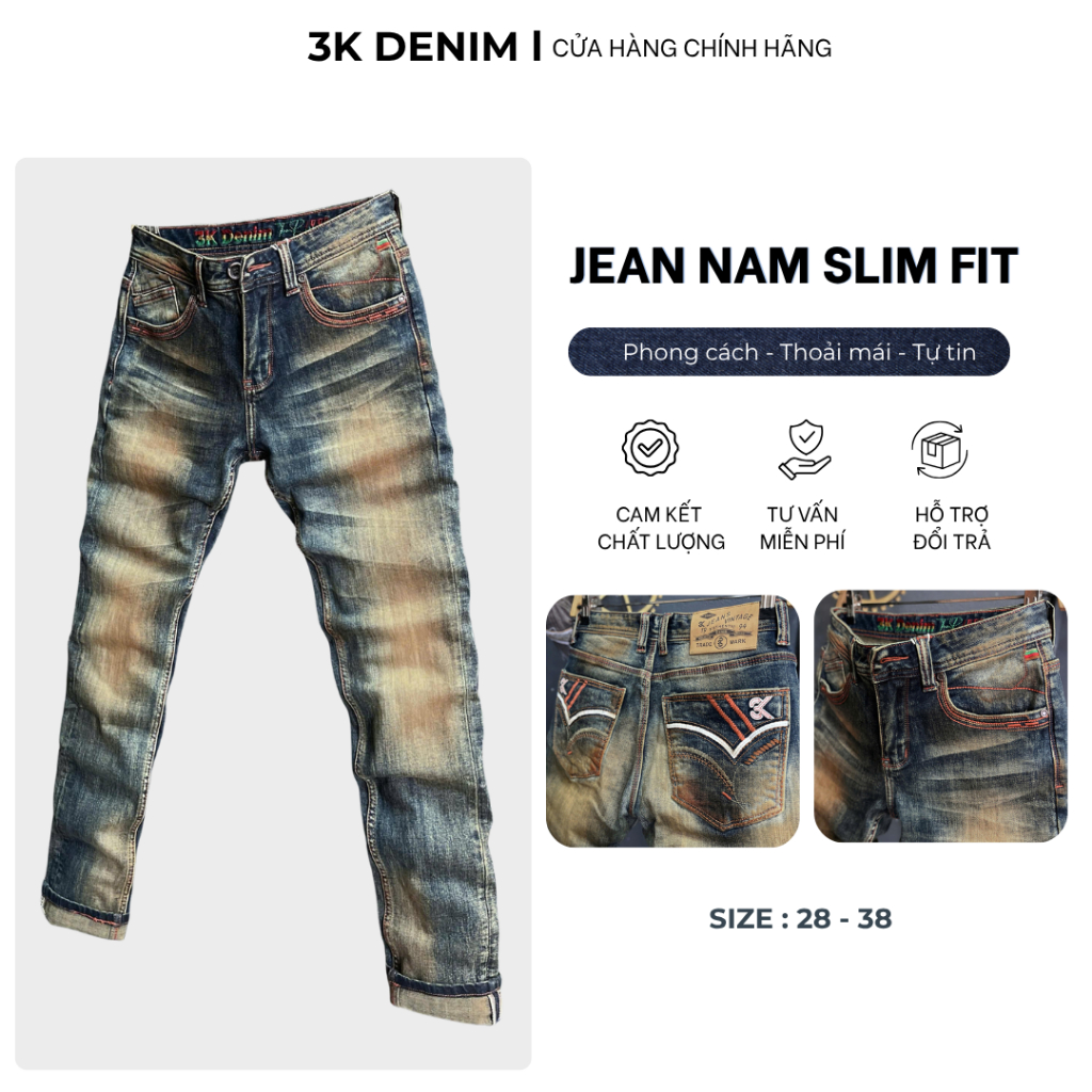 [3K DENIM] Quần Jean Denim Guangzhou J4028-3K-M16 Màu Was Lau Phủ Đồng Chất Denim Có Co Gĩan