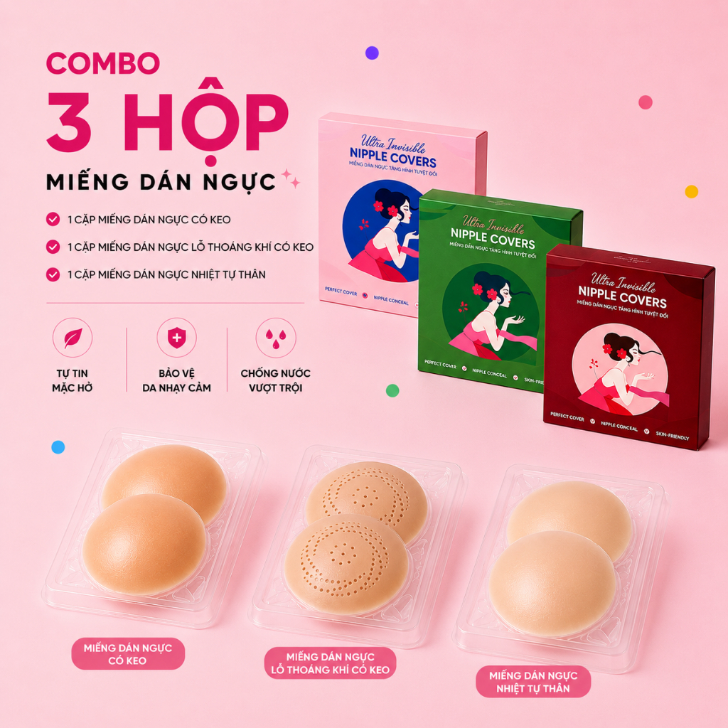 Combo 3 Loại Miếng Dán Ngực Linara Silicone Tàng Hình - Có Keo, Lỗ Thoáng Khí, Nhiệt Tự Thân Không L
