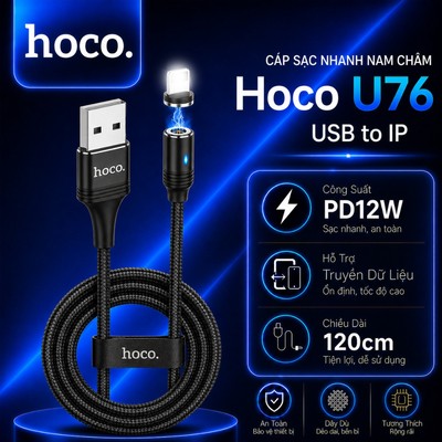 Cáp sạc nam châm PD12W USB to IP Hoco U76 dùng cho ip14 trở xuống ,có đèn LED, dài 120cm