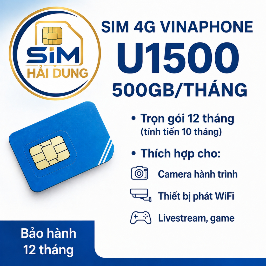 Sim Vinaphone 4G U1500 500GB/tháng - Phát Wifi - Data không chia ngày - Miễn Phí 12 tháng