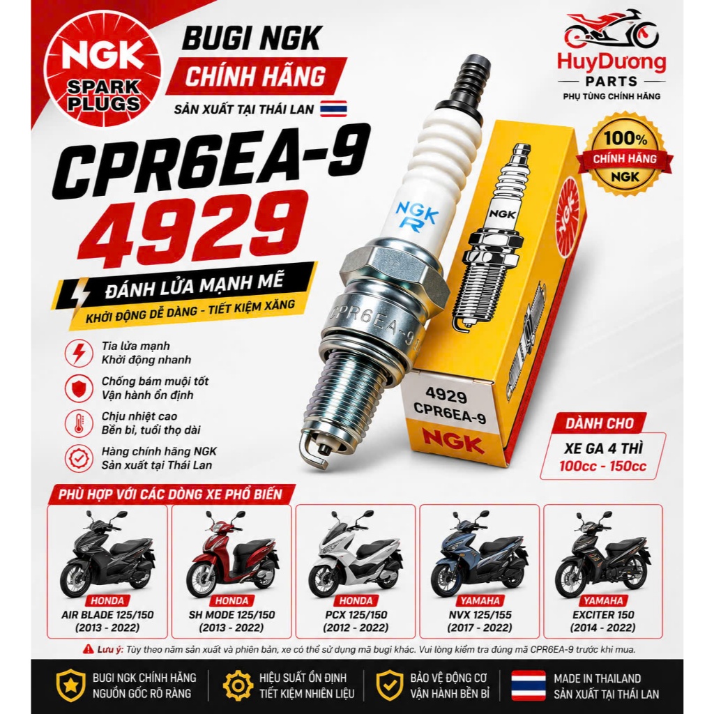 Bugi NGK CPR6EA-9 4929 Chính Hãng Thái Lan Cho Air Blade SH Mode PCX NVX Exciter Winner Sonic