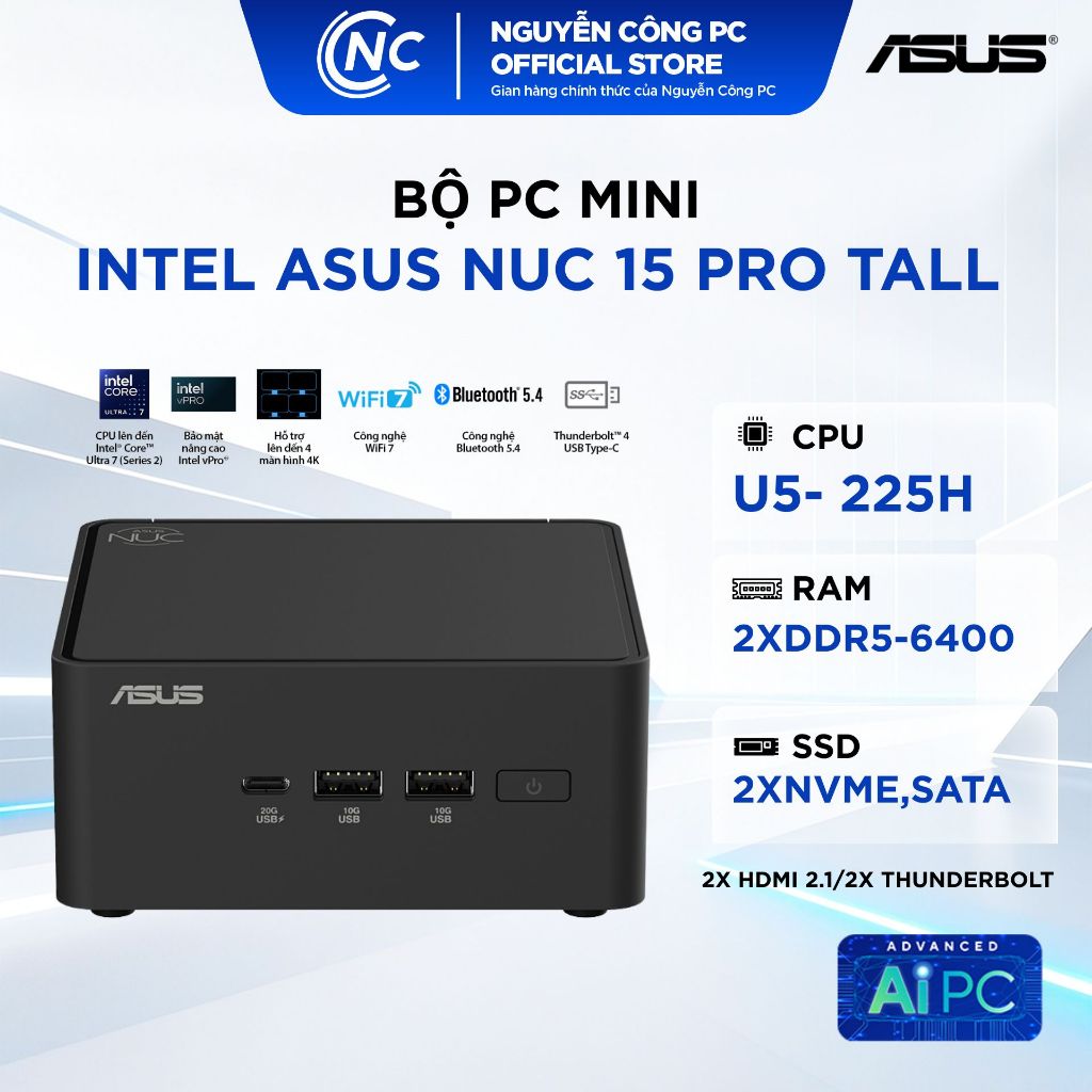 MINI PC NUC 15 PRO TALL(CORE5-225H/2xDDR5/2xNVMe,SATA) - New - BH 36 tháng
