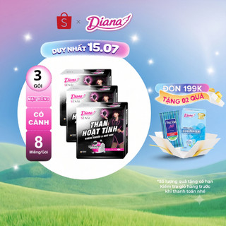 Bộ 3 gói băng vệ sinh Diana Sensi Than Hoạt Tính Siêu mỏng cánh 8 miếng/gói