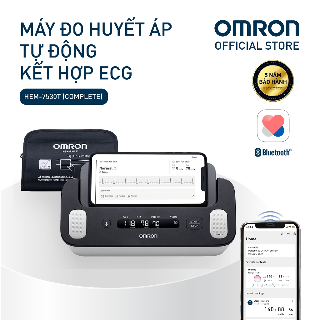 Máy đo huyết áp và Điện tâm đồ ECG Omron HEM 7530T giúp cảnh báo rối loạn nhịp tim, đột quỵ