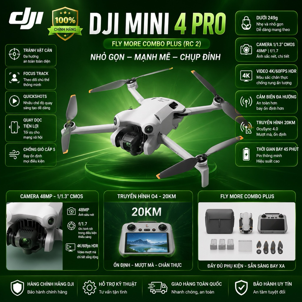 BH 12T DJ VN: Flycam Dji Mini 4 Pro - 4K 100frame - Cảm biến va chạm - tặng thẻ