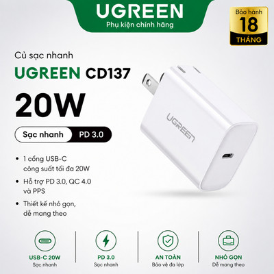 Củ sạc nhanh UGREEN 20W  – cổng ra USB-C, chống quá dòng quá nhiệt. tương thích với Iphone, Ipad - CD137 - Chính Hãng