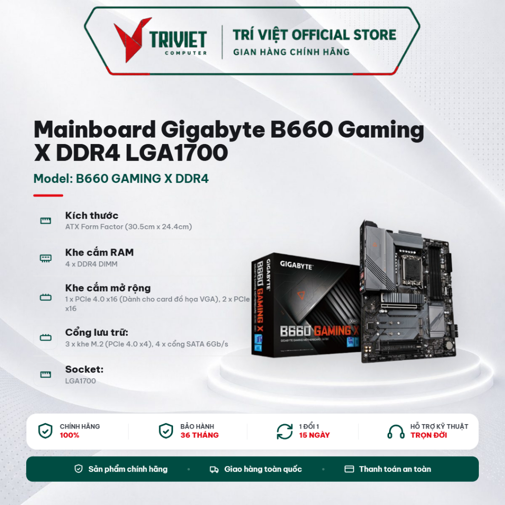 Mainboard Gigabyte B660 Gaming X DDR4 LGA1700 ATX 4 Khe RAM Hỗ Trợ Intel Gen 12/13/14, PCIe 4.0, 3 M