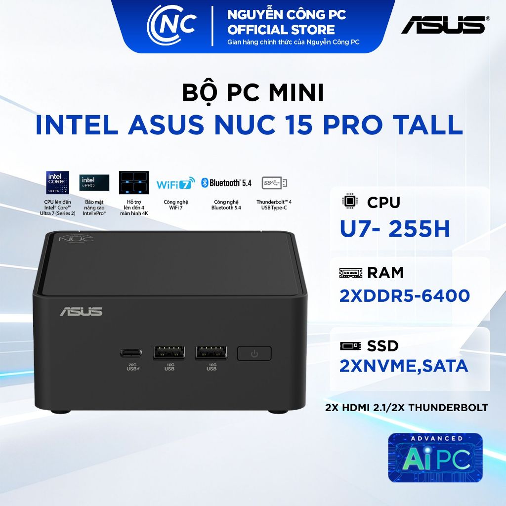 MINI PC NUC 15 PRO TALL(CORE7-255H/2xDDR5/2xNVMe,SATA) - New - BH 36 tháng