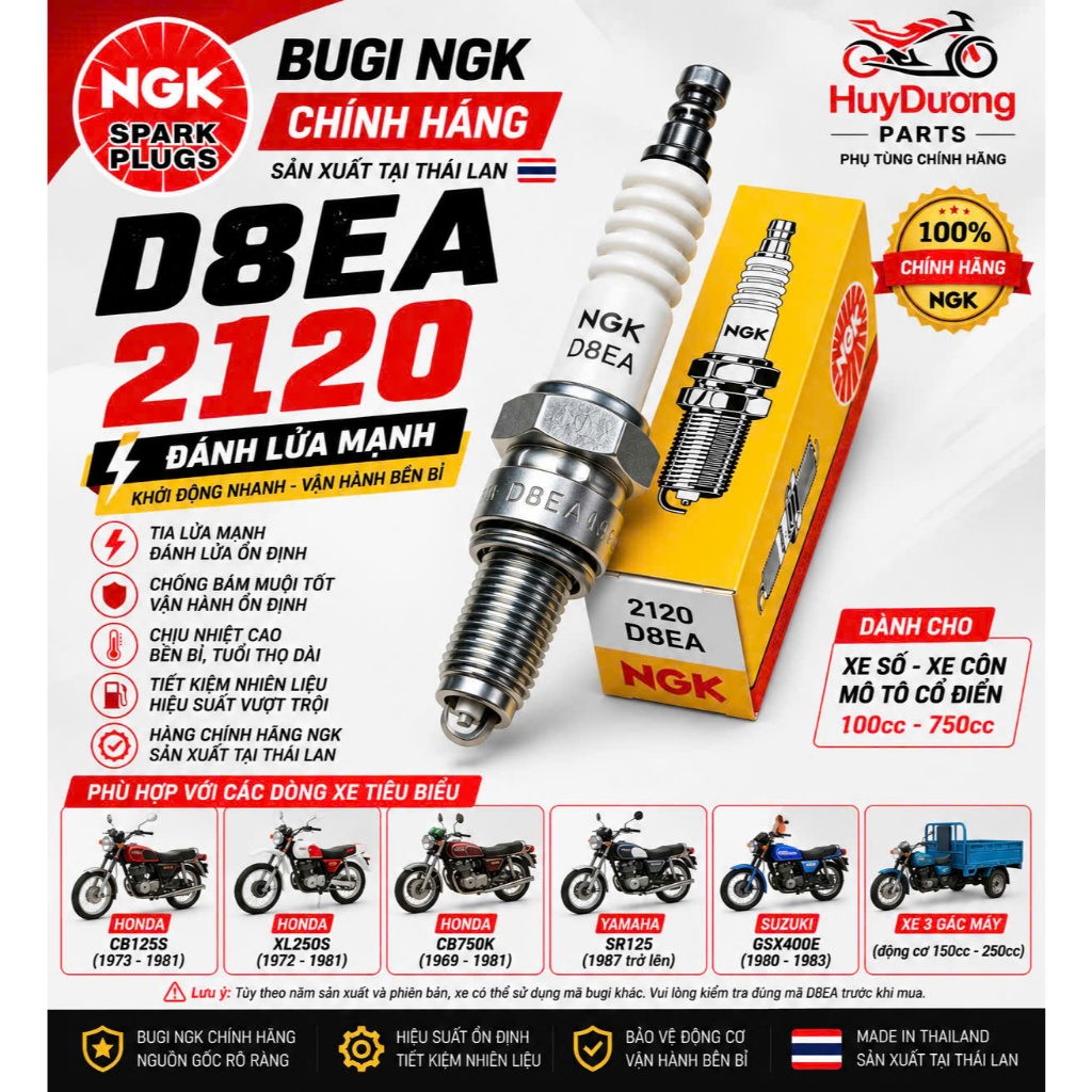 Bugi NGK D8EA 2120 Chính Hãng Thái Lan Cho Xe 3 Gác Máy Xe Ba Bánh Xe Công Nông Mô Tô Đời Cũ