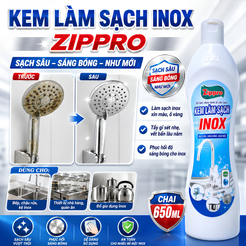 Kem Làm Sạch Inox ZIPPRO 650g, Tẩy Ố Vàng, Xỉn Màu, Gỉ Sét Nhẹ, Đánh Bóng Bề Mặt Inox