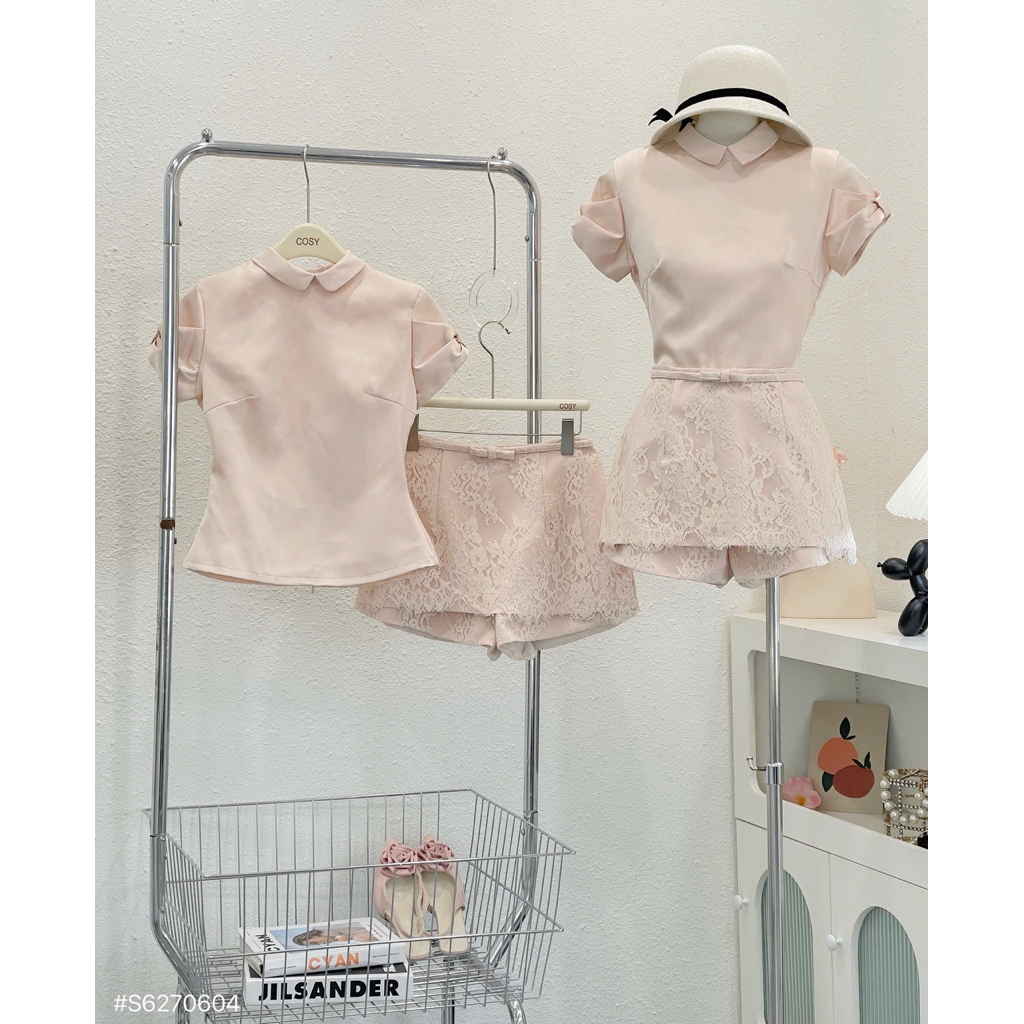 Cosy Set áo lụa cổ sen tay nơ váy quần pha ren nơ eo