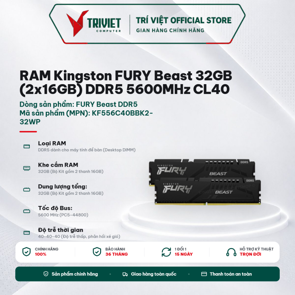 RAM Kingston FURY Beast 32GB (2x16GB) DDR5 5600MHz CL40 Desktop Kit KF556C40BBK2-32WP Tản Nhiệt Đen 