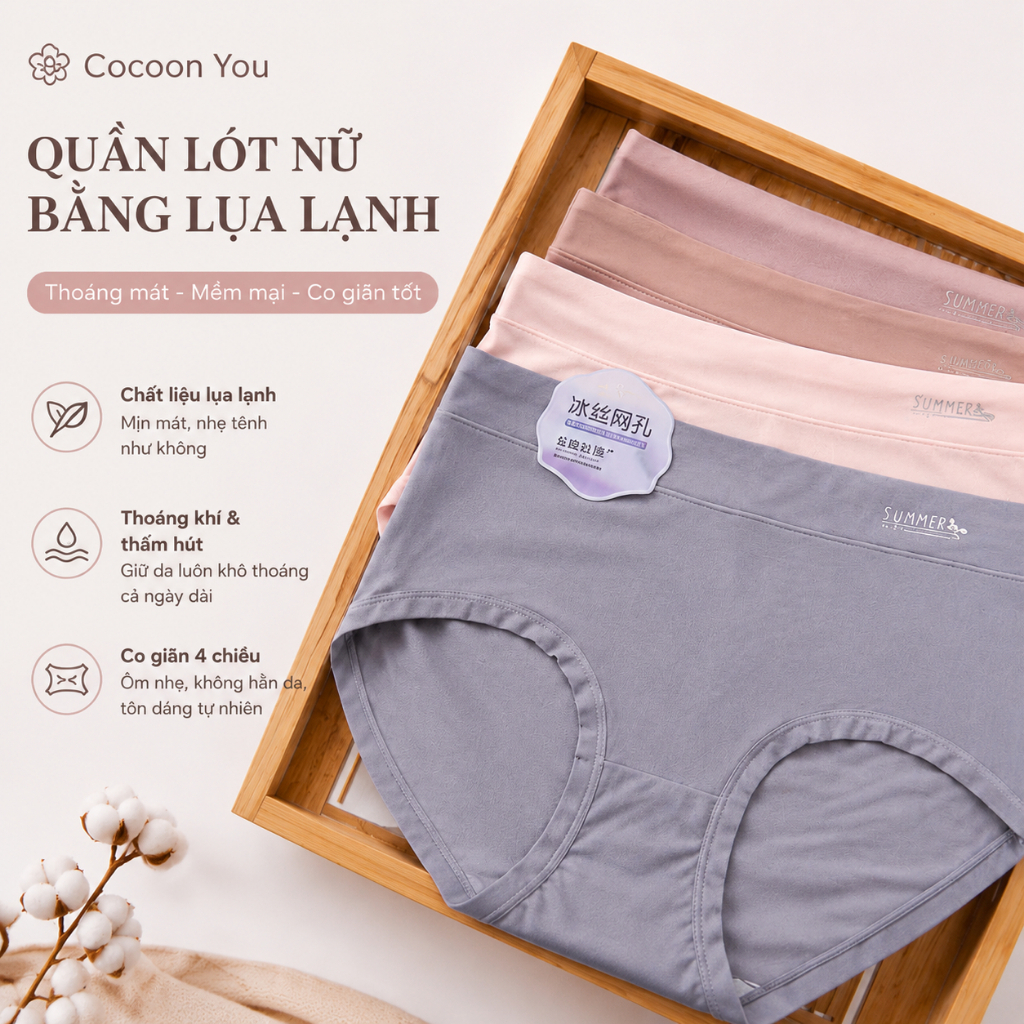 Quần Lót Nữ Lụa Lạnh Cao Cấp Mềm Mát Cạp Cao Co Giãn 4 Chiều Thoáng Khí Không Hằn Da Hàng Ngày