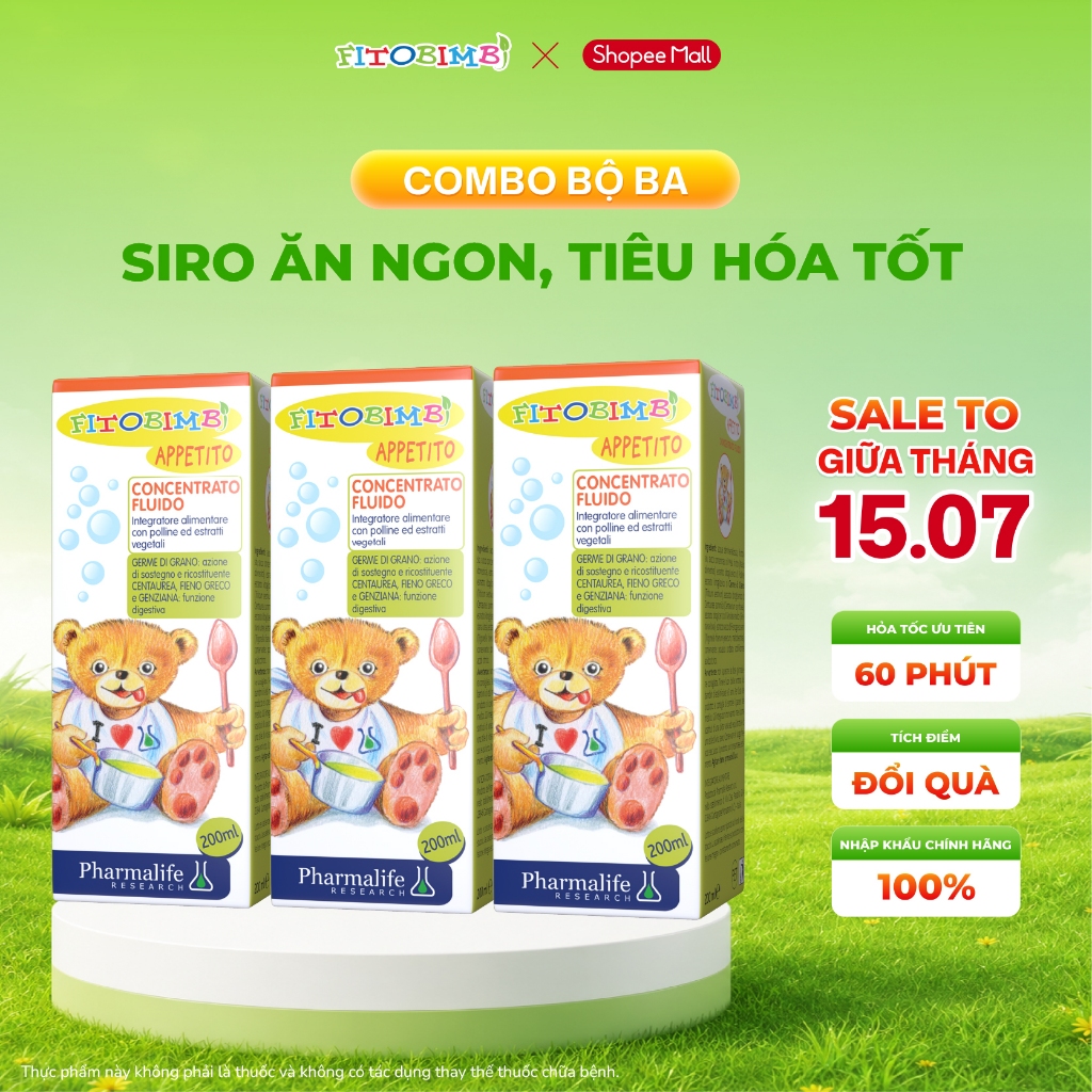 Bộ ba Ăn Ngon - Tiêu Hóa Tốt Fitobimbi Appetito Siro Ăn Ngon 3 Tác Động Combo 3 hộp TPBVSK 200ml