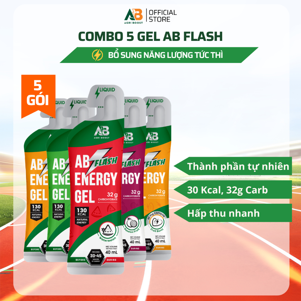 COMBO 5 Gói Gel Năng Lượng Chạy Bộ AB NUTRITION AB Flash Nước Uống 45g Năng Lượng Tức Thì Cho Người 