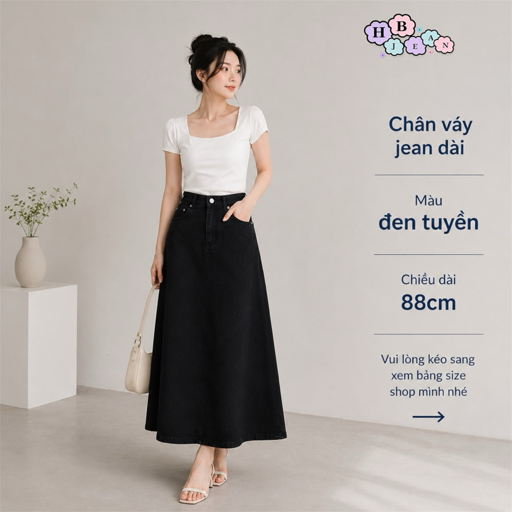 [Dài Váy 88cm] Chân Váy Jean HB Nữ Màu Đen Tuyền Dài 88cm Eo Cao Che Khuyết Điểm Cho Nàng Mặc Đi Học