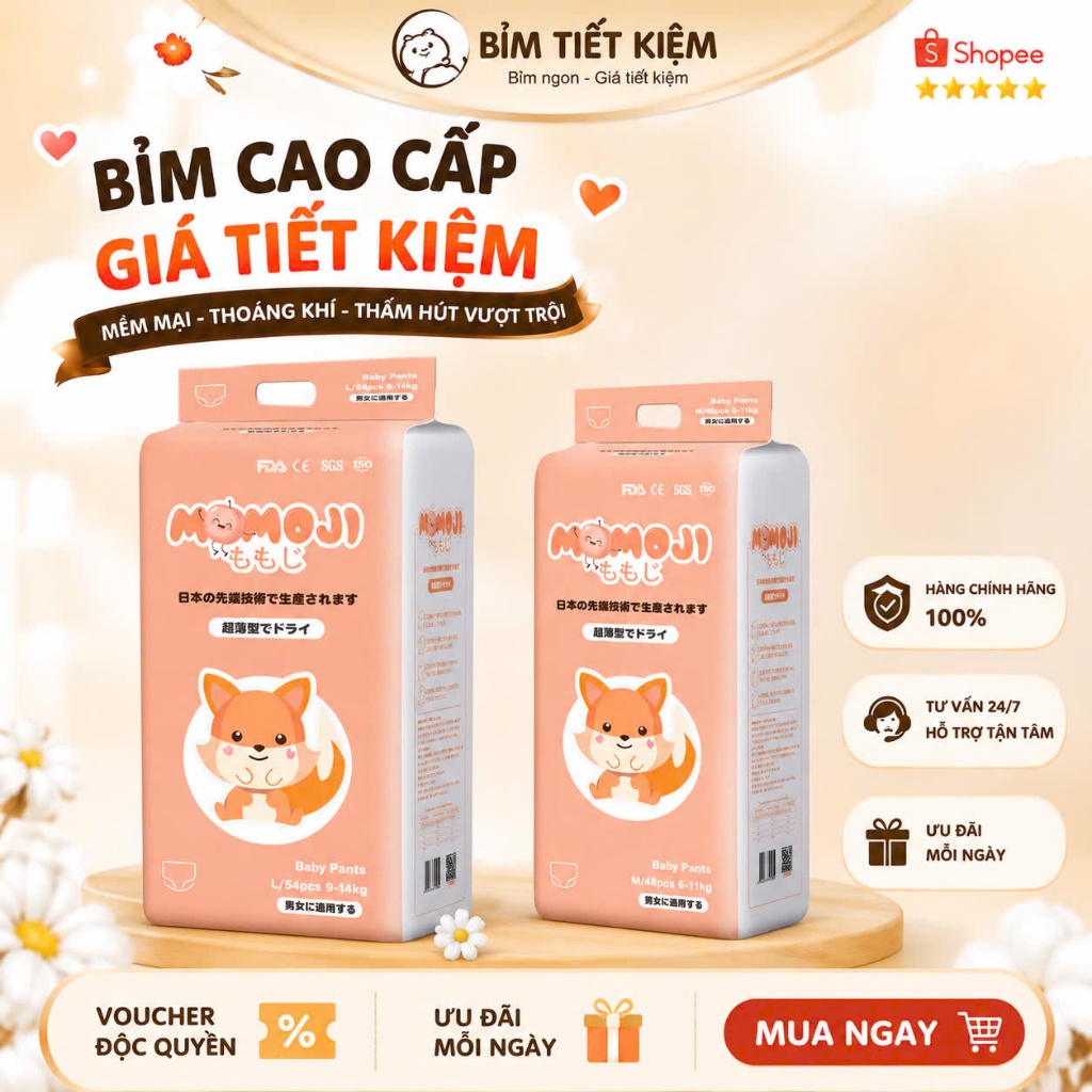Combo 2 Bịch Bỉm Momoji Chính Hãng Siêu Thấm Hút Đủ size thoáng mát cho bé