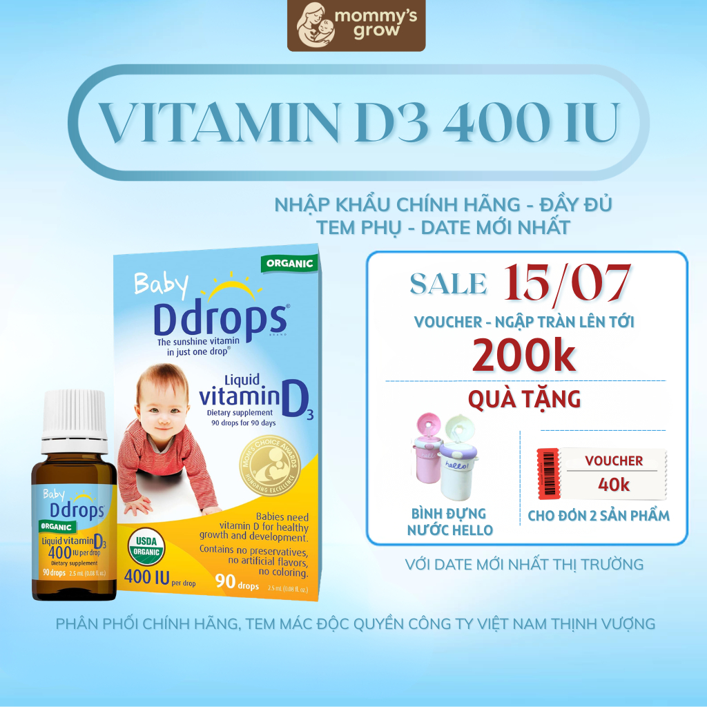 Vitamin D3 Baby Ddrops 400 IU 90 giọt Canada bổ sung vitamin d3 hỗ trợ phát triển cho bé