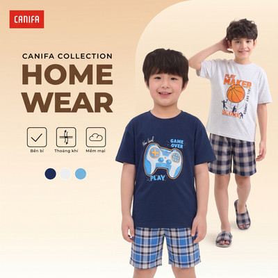 Bộ quần áo bé trai CANIFA đồ bộ hè cộc tay chất cotton mềm mại thoáng mát in họa tiết 2LS26S008
