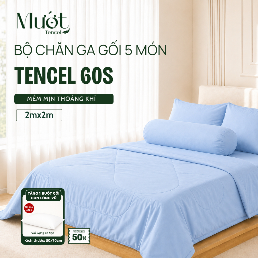 Bộ Chăn Ga Gối 5 Món Lụa Tencel 60s Mướt Tencel 2mx2m Cao Cấp Mềm Mịn Thoáng Mát Sang Trọng Cho Nệm