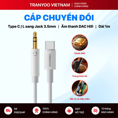 Cáp Chuyển Đổi Âm Thanh TRANYOO T- E18 E19 Type C / Cổng L sang Jack 3.5 mm Chuẩn DAC Dài 1m