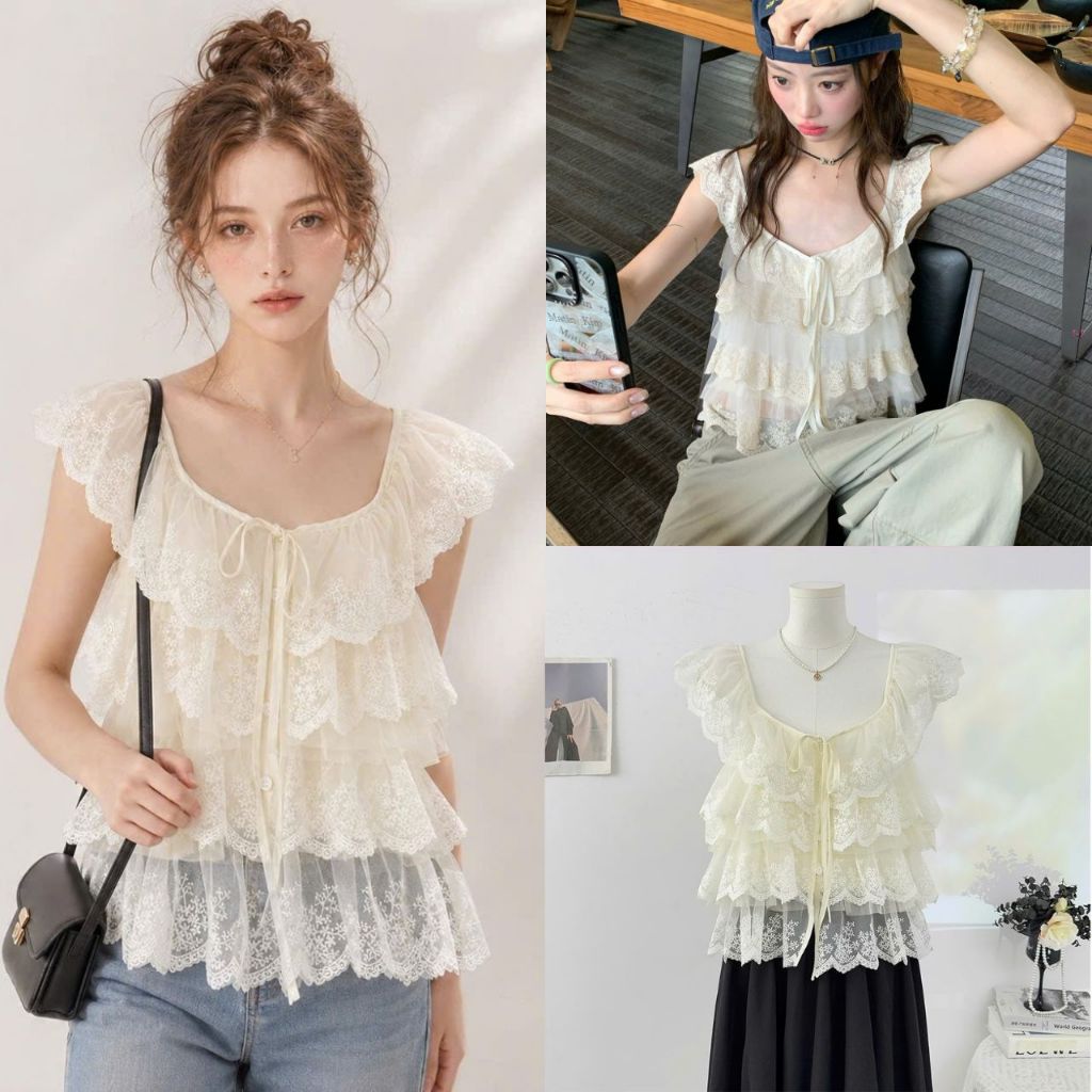 Áo Tơ Ren Cánh Tiên Nhiều Tầng Mềm Mại Thắt Nơ, Labibi