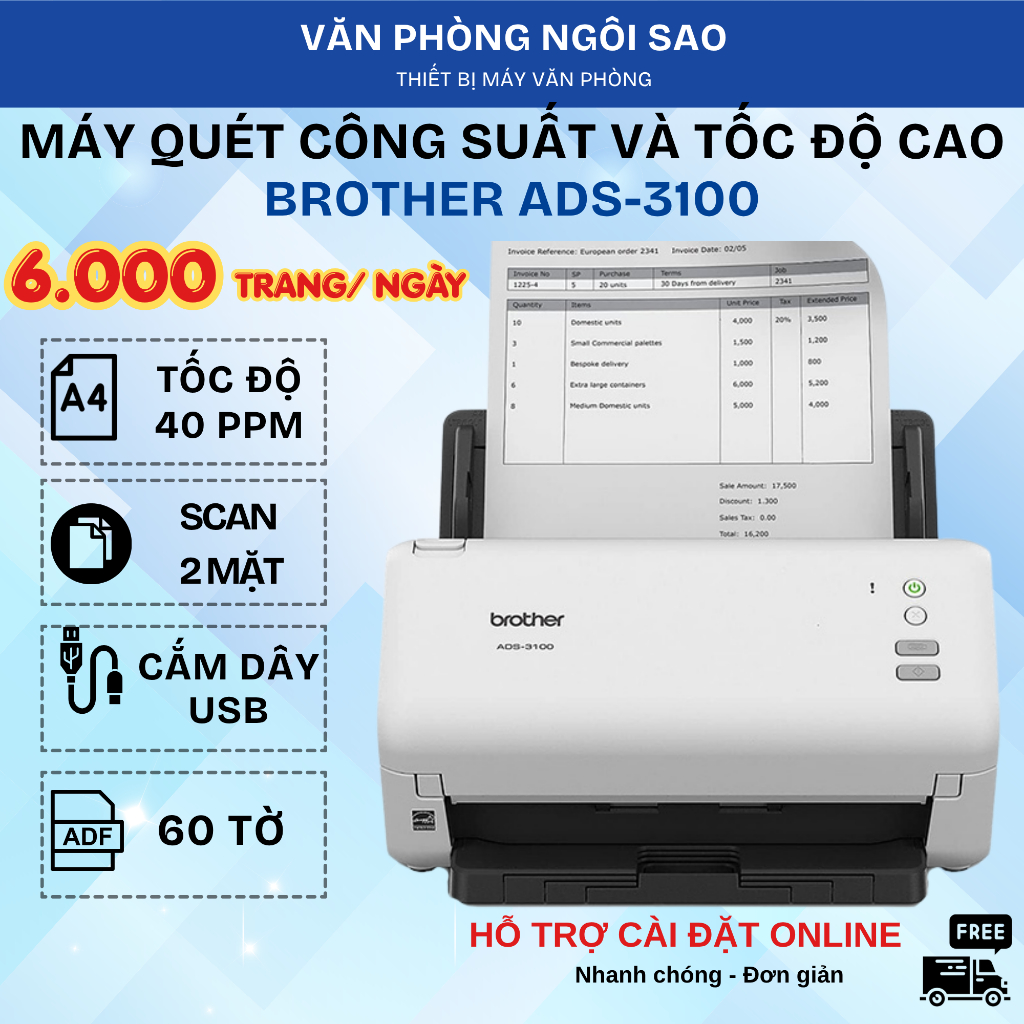 Máy Scan Brother ADS-3100 - Máy Quét 2 Mặt, Tốc Độ Cao 40 Trang/Phút, ADF 60 Tờ Cho Doanh Nghiệp