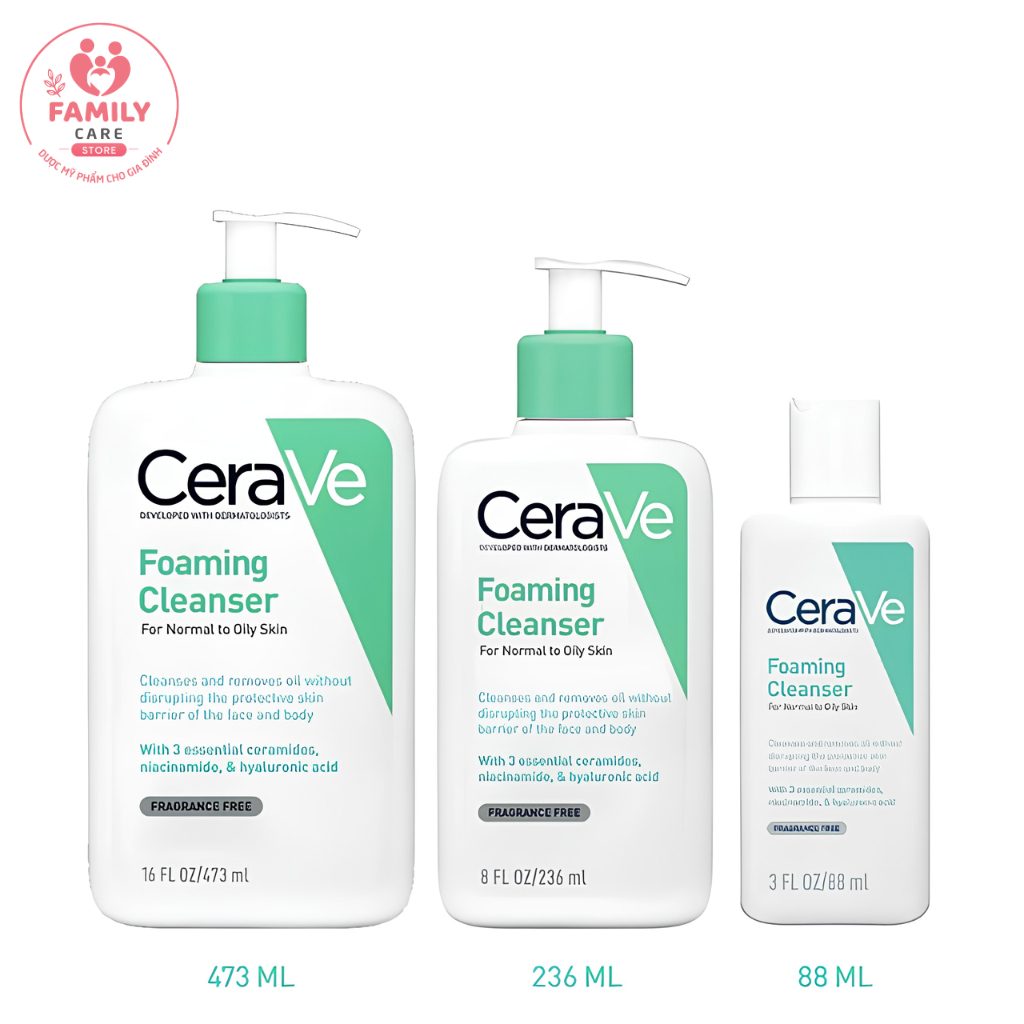 Sữa Rửa Mặt Cerave Sạch Sâu Cho Da Thường Đến Da Dầu Foaming Cleanser 473ML, 236ML, 88ML