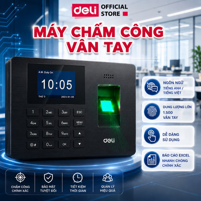 Máy Chấm Công DELI Vân Tay Nhận Diện Gương Mặt Tiếng Việt Màn Hình 2.4" Báo Cáo Excel Bảo Hành 1 Năm