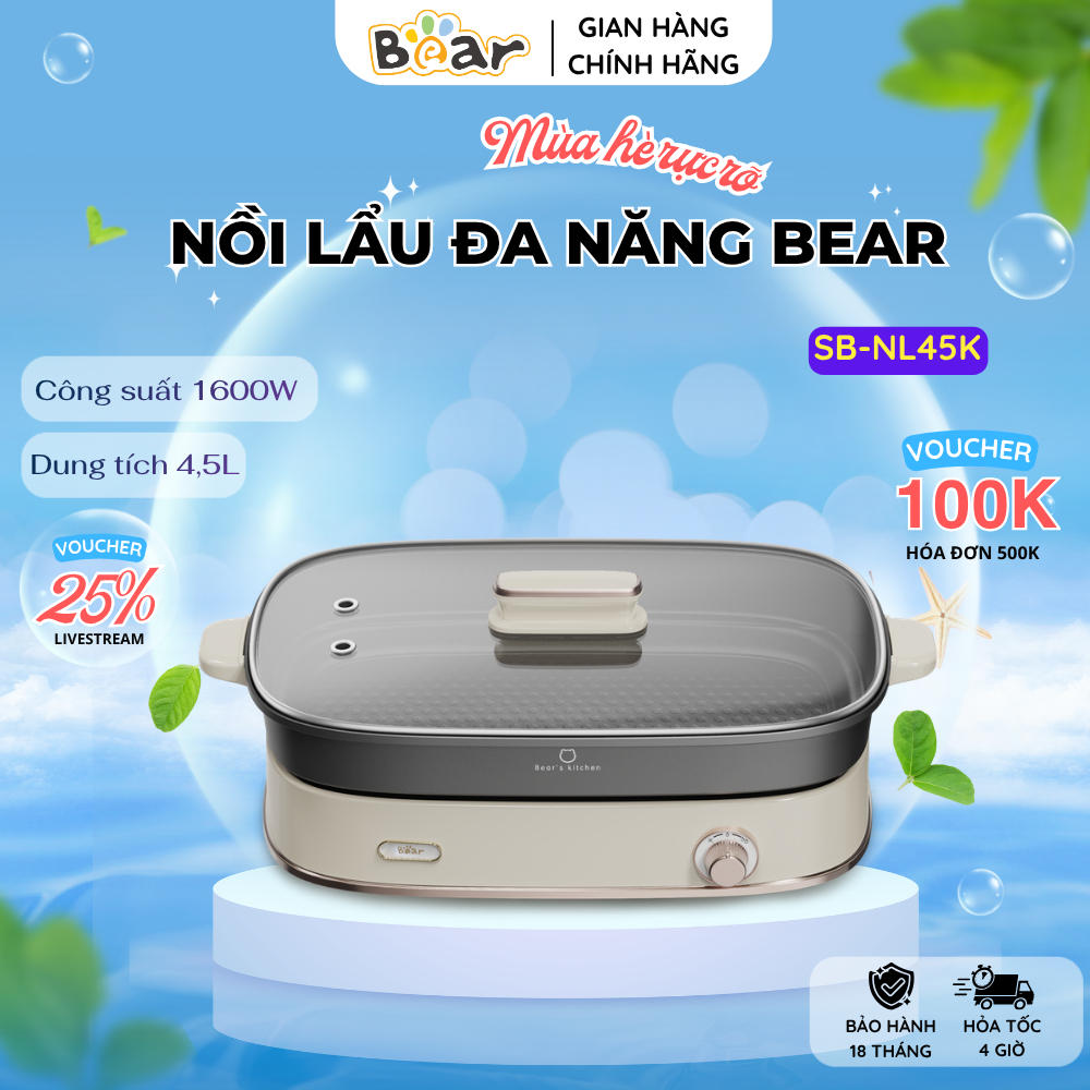 Nồi Lẩu Đa Năng Bear SB-NL45K Công Suất 1600W Lớp Chống Dính Teflon Cao Cấp Nấu Nướng Nhanh