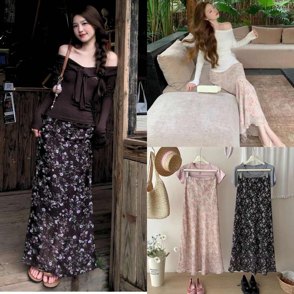 Chân Váy Voan Hoa Nhí Dáng Dài 2 Lớp Cạp Chun, Labibi