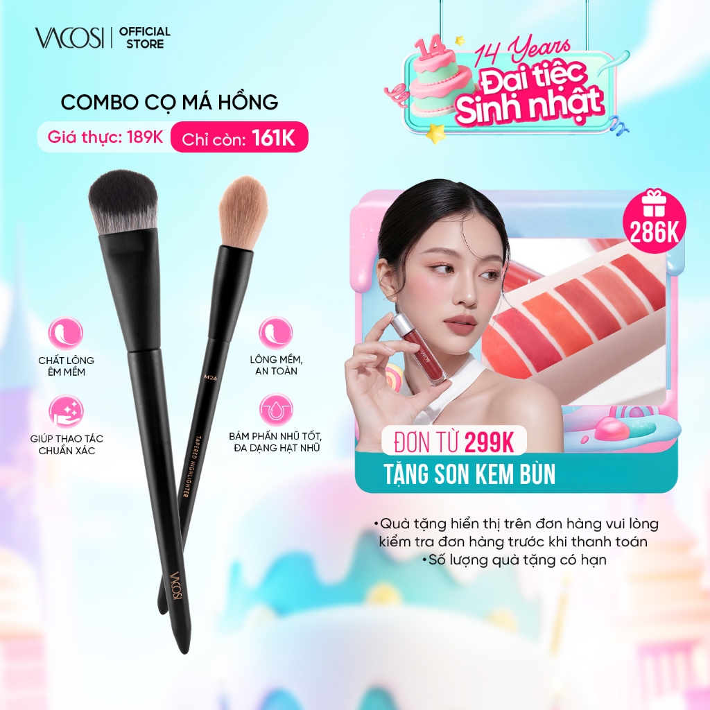 COMBO Cọ Nền Phủ & Cọ Highlight Má Hồng Đa Năng VACOSI - F12 & M26