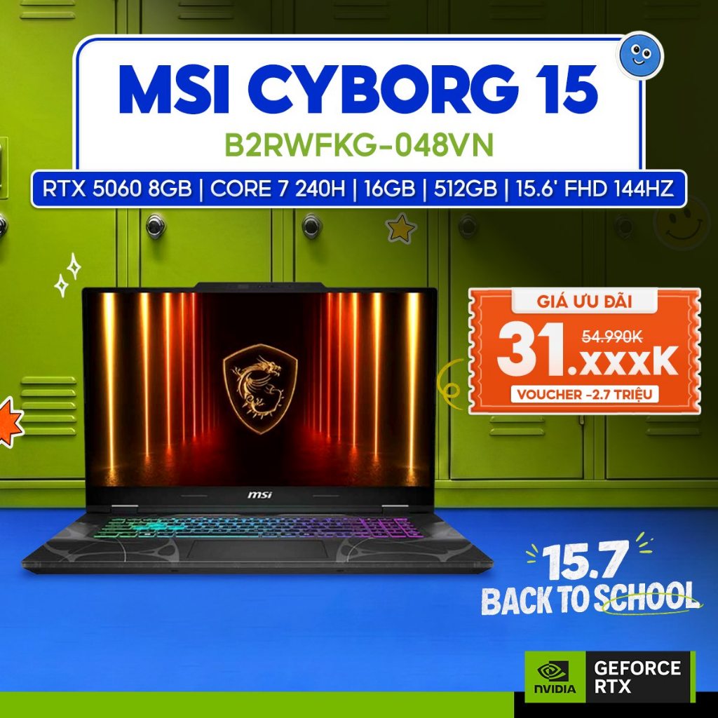 Laptop MSI Cyborg 15 B2RWFKG-048VN  GeForce RTX™ 5060 8GB / Chip Core 7 240H / 16GB / 512GB
