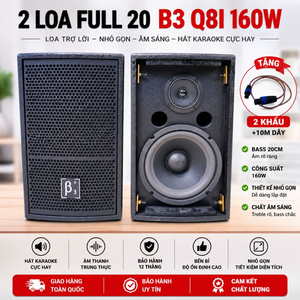 Loa Karaoke B3 Q8i Bass 20 (1 Đôi) – Loa Full Range 160W Nghe Nhạc Hay, Dễ Phối Ghép, Tặng Dây Khẩu