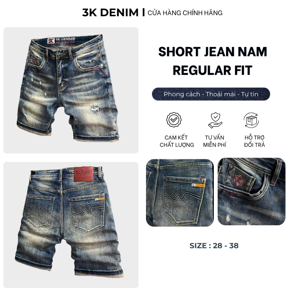 [3K DENIM Jean Denim Guangzhou-3K1945]Quần Short Jean Nam Màu Xanh Was Dập Túi Thêu Chữ QS2139