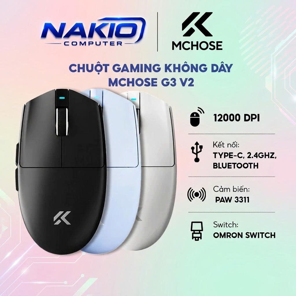 Chuột Gaming Không Dây Mchose G3 V2 Wireless - 3 Mode kết nối - PAW 3311 - 12K DPI - siêu nhẹ 59g