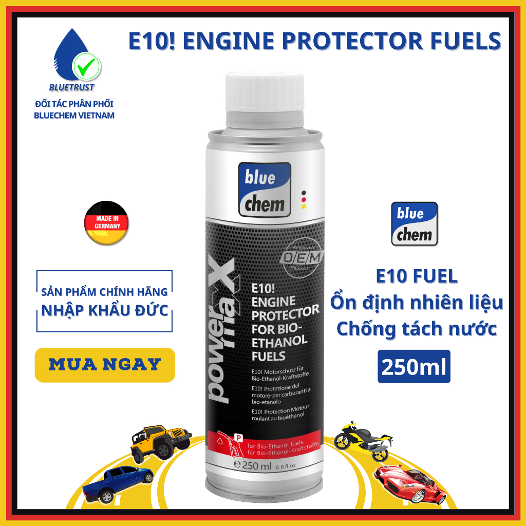Phụ Gia Xăng E10 BLUECHEM, Ổn Định Nhiên Liệu, Tối Ưu Công Suất - E10 Engine Protector For Bio-ethan