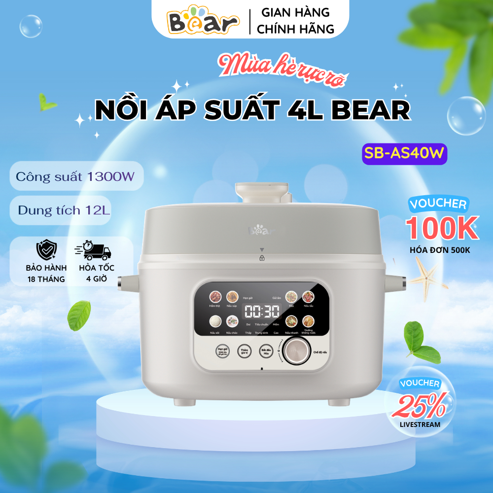 Nồi Áp Suất Điện Bear SB-AS40W Phiên Bản Tiếng Việt Dễ Sử Dụng 10 Lớp Bảo Vệ An Toàn Tối Đa