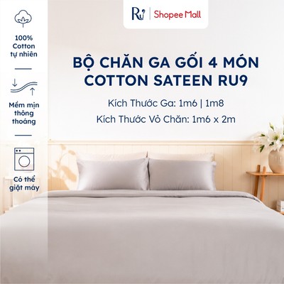 Bộ Chăn Ga Gối 4 Món Cotton Sateen Ru9 Bo Chun | Thoáng Mát Mềm Mịn | Nhiều Màu - Màu Trơn | 1m6x 2m - 1m8 x 2m | Chăn S