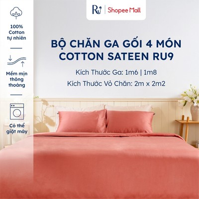 Bộ Chăn Ga Gối 4 Món Cotton Sateen Ru9 Bo Chun | Thoáng Mát Mềm Mịn | Nhiều Màu - Màu Trơn | 1m6x 2m - 1m8 x 2m | Chăn M