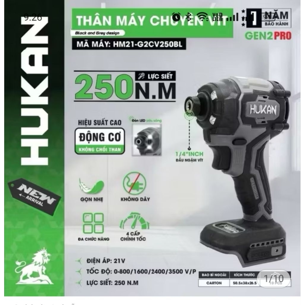 thân máy chuyên vít hukan gen 2 cv250 chân pin phổ thông cực khoẻ động cơ không chổi than có búa