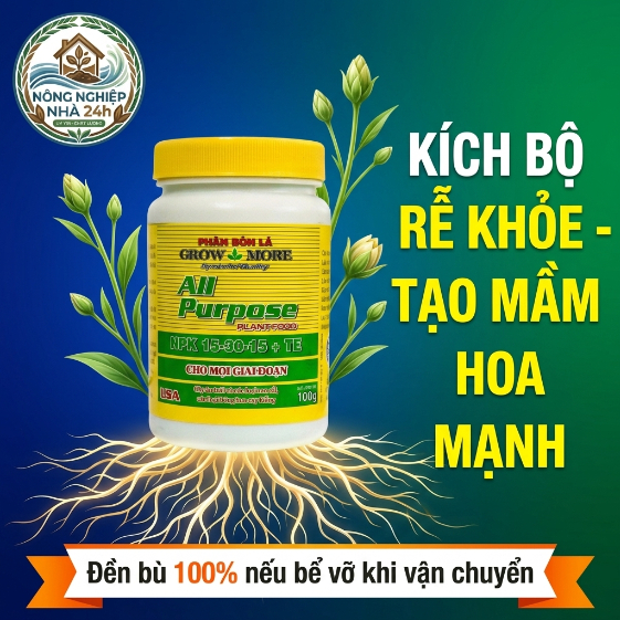 Phân Bón NPK Grow More 15-30-15+TE (100g)-Nhập Khẩu Mỹ, Thúc Phân Hóa Mầm Hoa, Kích Ra Hoa Đồng Loạt