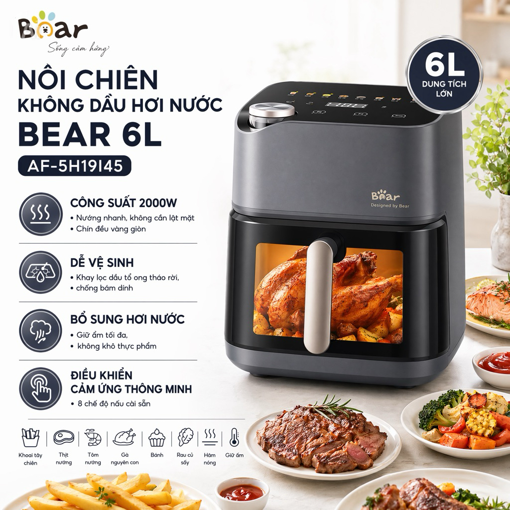Nồi Chiên Không Dầu Hơi Nước Bear 6L AF-5H19I45