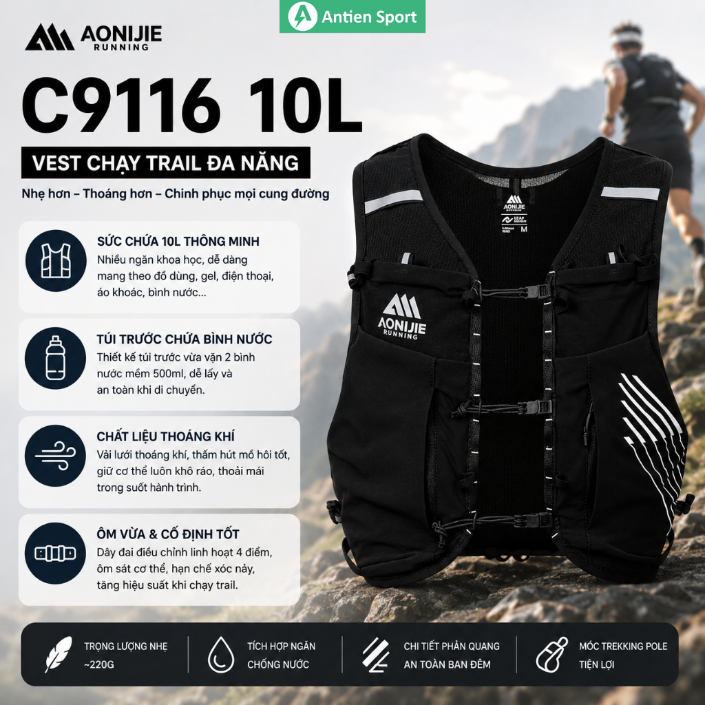 Vest nước thể thao chạy trail Aonijie C9116 dung tích 10L